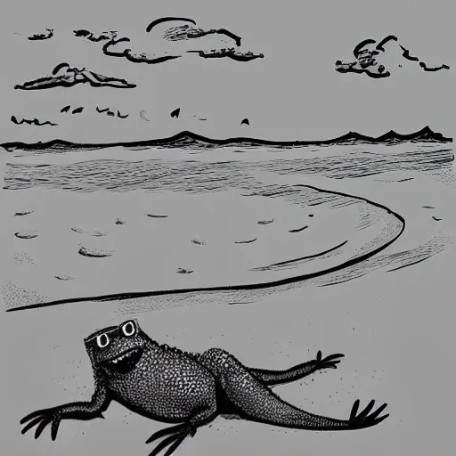 humorous image of a black lizard from Menorca. He is wearing sunglasses and is smiling. It is on a beach and you can see the sea. She is happy., Cartoon, Pencil Sketch