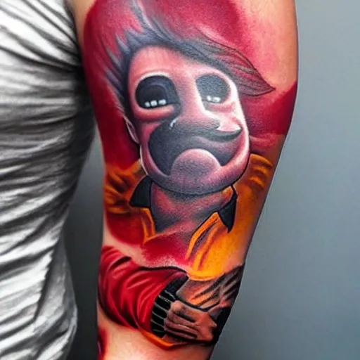 Diseño de tatuaje para brazo izquierdo con un payaso diabólico realista, en colores negros, rojos y amarillos, con dos cicatrices el la cara grapadas con gancho de cosedora, 3D