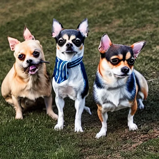 Generative Ai image of tres cute chihuahuas taking a selfie 
gran angula
