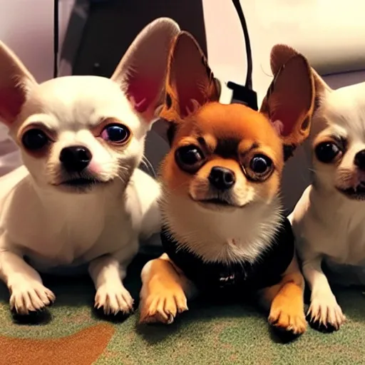 Generative Ai image of tres cute chihuahuas taking a selfie 
gran angula
