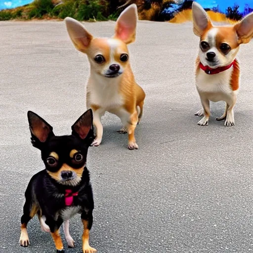 Generative Ai image of tres cute chihuahuas taking a selfie 
gran angula
, Trippy