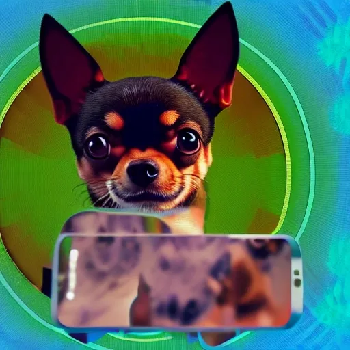 Generative Ai image of tres cute chihuahuas taking a selfie 
gran angula
, Trippy, Cartoon