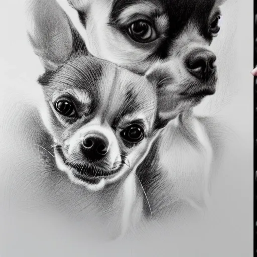 Generative Ai image of tres cute chihuahuas taking a selfie 
gran angula
, Pencil Sketch