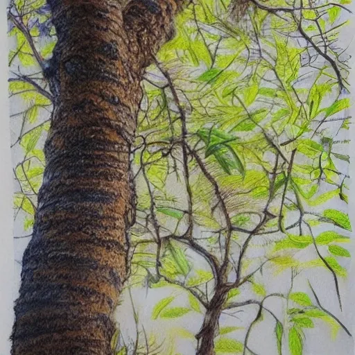 Colored pencil art on paper, pino tree, highly detailed, artstation, MasterPiece, Award-Winning, Caran d'Ache Luminance, Oil Painting