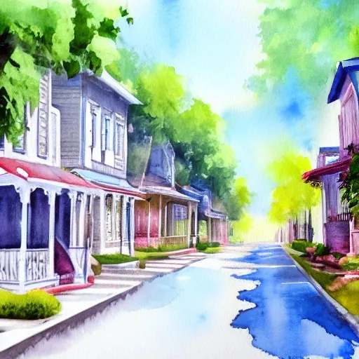 street lined with old residential houses summer watercolor by arti chauhan trending on artstation 