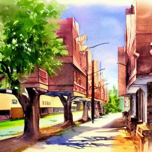 street lined with old residential houses summer watercolor by arti chauhan trending on artstation , Oil Painting