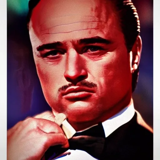 marlon brando,Godfather,hairline, in the middle of a conversation Sicily, Sicilian suit, red rose, sunset, Talk, bow tie, Mace, leather chair, Mafia, movie poster,4K HD,3D effects, Cartoon, 3D