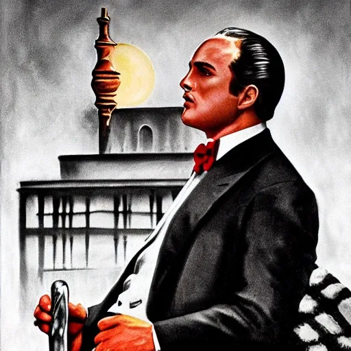 It's a classic movie from the 1920s,marlon brando,Godfather,hairline, in the middle of a conversation Sicily, Sicilian suit, red rose, sunset, Talk, bow tie, Mace, leather chair, Mafia, movie poster,4K HD,3D effects, , 3D, Oil Painting