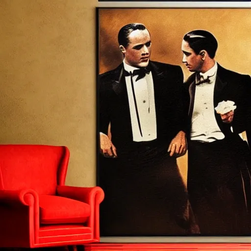 It's a classic movie from the 1920s,marlon brando,Godfather,hairline, in the middle of a conversation Sicily, Sicilian suit, red rose, sunset, Talk, bow tie, Mace, leather chair, Mafia, movie poster,4K HD,3D effects, , 3D, Oil Painting