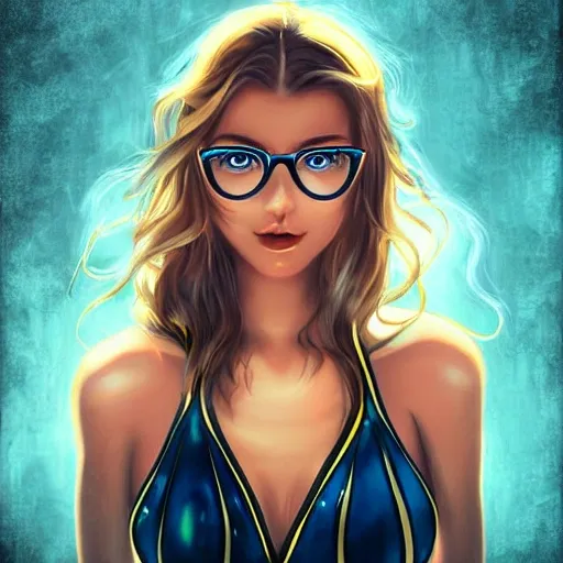 digital art, sharp focus, a sixteen years old girl!! azetec pincess black, slightly wavy hair, wearing gold bikini!! perfect blue eyes and glasses!!! blue shiny lighting, beautiful fantasy art, eyes symmetry, cute