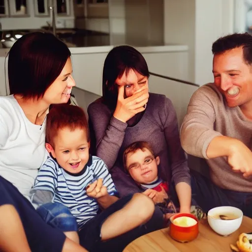 photo on cup with family looking towards and drinking tea love, heat, a women , men and 2 kids
 