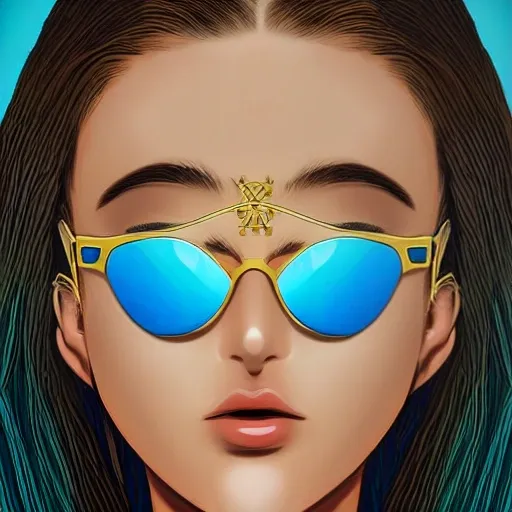digital art, sharp focus, a sixteen years old girl!! Aztec princess, slightly wavy hair, wearing gold bikini!! perfect blue eyes and glasses!!! blue shiny lighting, beautiful bottom, eye symmetry, innocent, golden bottom