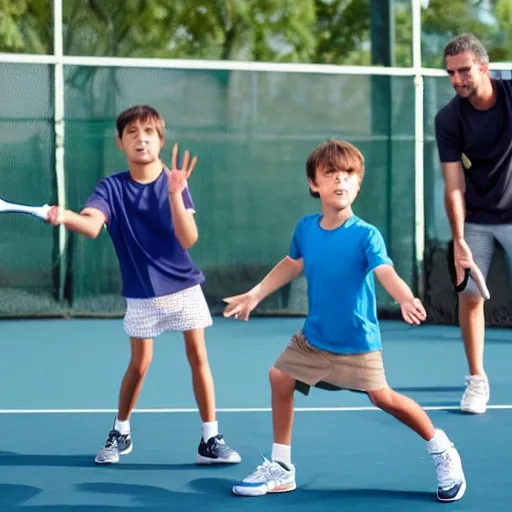 children from the back on a tennis court and the teacher near the camera with a racket in his hand and balls on top of it, high quality, 4k, realistic