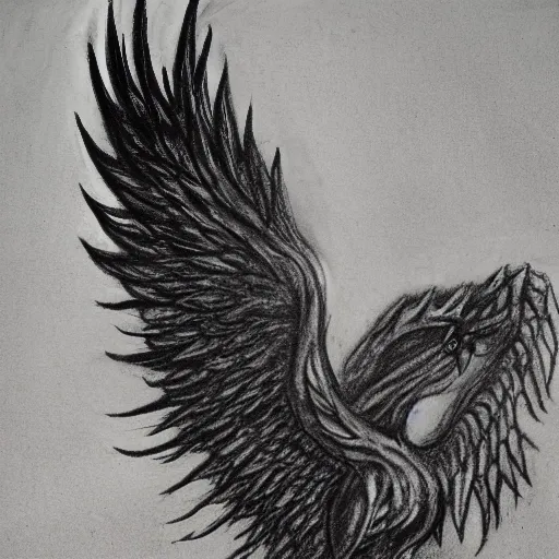 Charcoal drawing depicting a griffin,  wings and tail in flames, post-apocalyptic