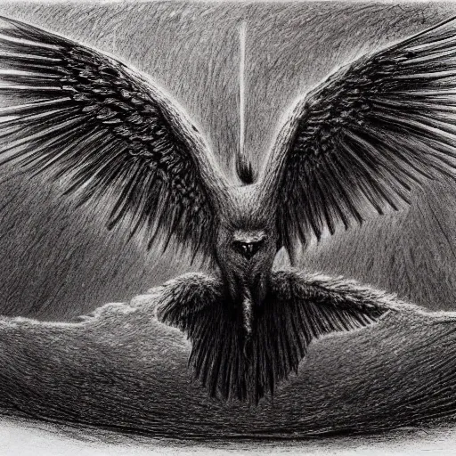 Charcoal drawing depicting a griffin,  wings and tail in flames, post-apocalyptic, by Zbigniew Beksiński