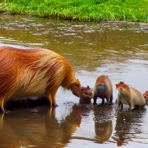 In a river on the right side a capybara father and mother, on the left side the greater capybara, the middle and the younger are playing with their friends , Cartoon