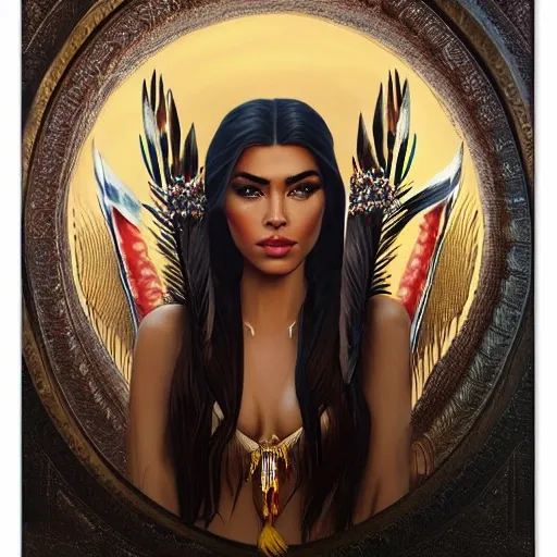 full body portrait photograph of Madison Beer as Pocahontas, young beautiful native american woman, perfect symmetrical face, feather jewelry, traditional handmade dress, armed female hunter warrior, (((wild west))) environment, Utah landscape, ultra realistic, concept art, elegant, ((intricate)), ((highly detailed)), depth of field, ((professionally color graded)), 8k, art by artgerm and greg rutkowski and alphonse mucha, 4k, clean, realistic face, realistic eyes, highest quality, realistic hands, trending on artstation, masterpiece, NSFW, five fingers