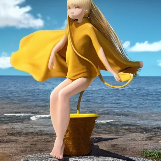 Pinta persona futurista rubia tomando líquido amarillo en una copa de vina, en un fondo del mar, hiperrealista, composición épica, cinematográfica, renderizada en Enscape, Miyazaki, Nausicaa Ghibli, posprocesamiento detallado de 4k, motor irreal