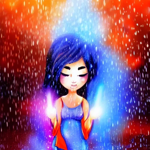 Beautiful girl with blue fire on background and rain, Cartoon