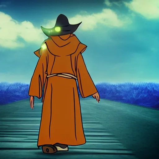 It introduces the main character, a wise old sorcerer.
The sorcerer walks towards the horizon with no destination.
animated style, Trippy