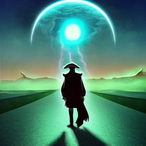 It introduces the main character, a wise old sorcerer.
The sorcerer walks towards the horizon with no destination.
dark and neon colors, Trippy