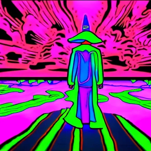 It introduces the main character, a wise old sorcerer.
The sorcerer walks towards the horizon with no destination.
dark and neon colors, Trippy
ar 9:16 full HD