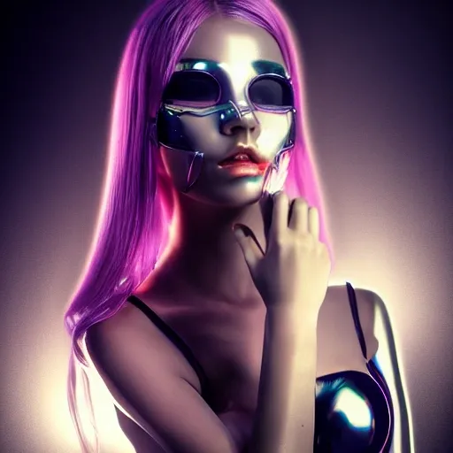 (best quality:1.4), ((masterpiece)),((ultra_realistic)), (detailed),1girl, Melancholic, wearing a mask of shiny metal, translucent_bra, cyberpunk_outfit, Glamor Shot, blushed face, full body, from behind, facing to the camera, Trippy, Water Color