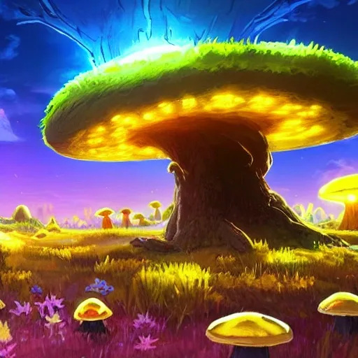 concept art painting of a fantasy alien fungal landscape, with glowing yellow lights, glowing yellow mushrooms, blue sky, realistic, detailed, in the style of breath of the wild , 3D, mdjrny-v4 style