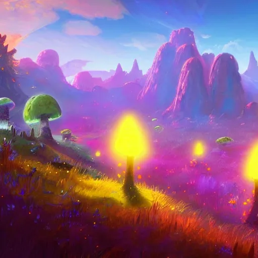 concept art painting of a fantasy alien fungal landscape, with glowing yellow lights, glowing yellow mushrooms, blue sky, realistic, detailed, in the style of breath of the wild , 3D, mdjrny-v4 style