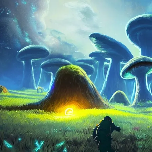 concept art painting of a fantasy alien fungal landscape, with glowing yellow lights, glowing yellow mushrooms, blue sky, realistic, detailed, in the style of breath of the wild , 3D, mdjrny-v4 style