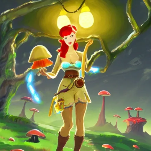 concept art painting of a fantasy alien fungal landscape, a pin up and beautiful fashion charming dreamlke korea girl with lv jewelry, character's face looking forward, sexy, with glowing yellow lights, glowing yellow mushrooms, blue sky, realistic, detailed, in the style of breath of the wild , 3D, mdjrny-v4 style