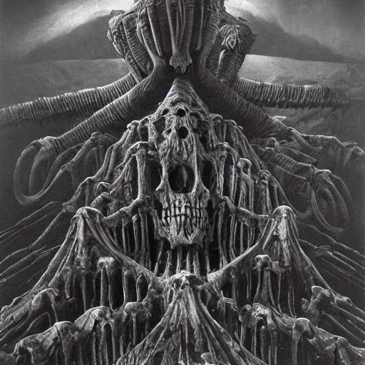 A mountain of flesh and metal in the style of H.R. Giger and Zdzisław Beksiński, dark skies, skulls, bones, skeletons, machines, creepy, eerie, scary, Trippy