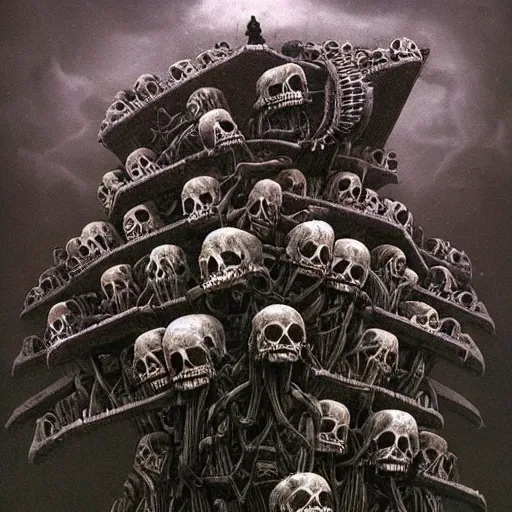 A mountain of flesh and metal in the style of Zdzislaw Beksinski, dark skies, skulls, bones, skeletons, machines, metal, creepy, eerie, scary, Trippy