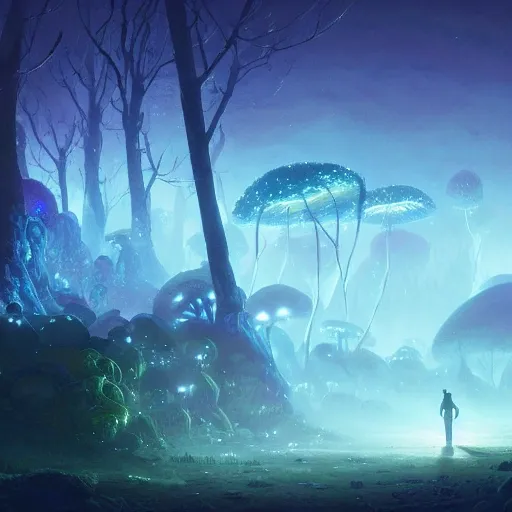 concept art painting of a fantasy alien fungal landscape at night, with glowing blue lights, glowing blue mushrooms, dark purple sky, realistic, detailed, cel shaded, in the style of makoto shinkai and greg rutkowski and albert bierstadt and james gurney 