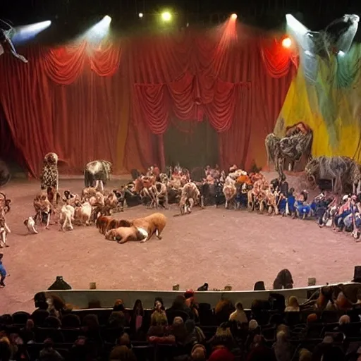 humans performing in a circus for an audience of animals