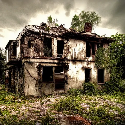 niña, Abandoned house, ruin, mold, climbing plants. Realism, ultra realism, HDR, bleak and unhealthy environment