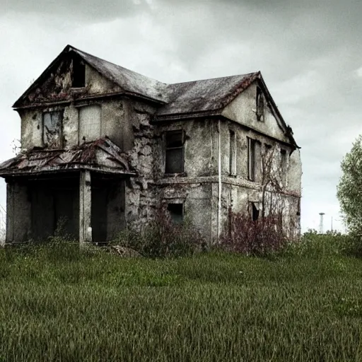 Abandoned house, ruin, mold, climbing plants. Realism, ultra realism, HDR, bleak and unhealthy environment., 3D, from distance