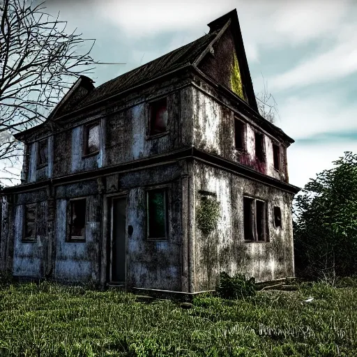 Abandoned house, ruin, mold, climbing plants. Realism, ultra realism, HDR, bleak and unhealthy environment., 3D, from distance