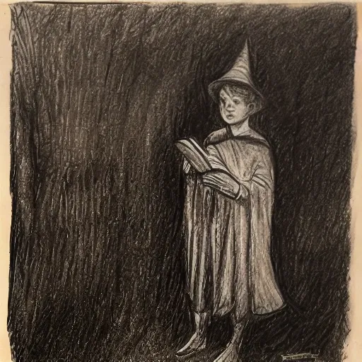 , Pencil Sketch, a young wizard in a wizard cape and hat, holding magic book