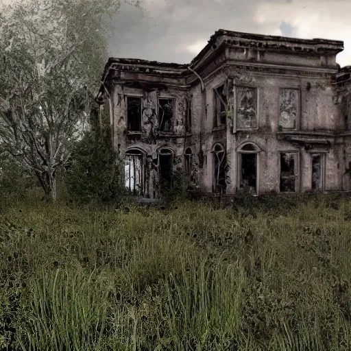 large abandoned mansion, ruin, mold, climbing plants. Realism, ultra realism, HDR, bleak and unhealthy environment., 3D, from distance