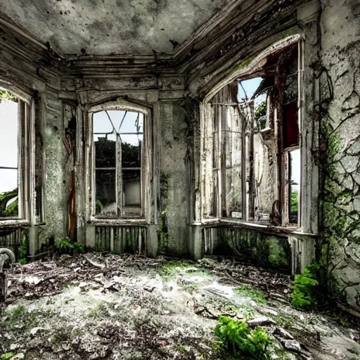 large abandoned mansion, ruin, mold, climbing plants. Realism, ultra realism, HDR, bleak and unhealthy environment., 3D, from distance