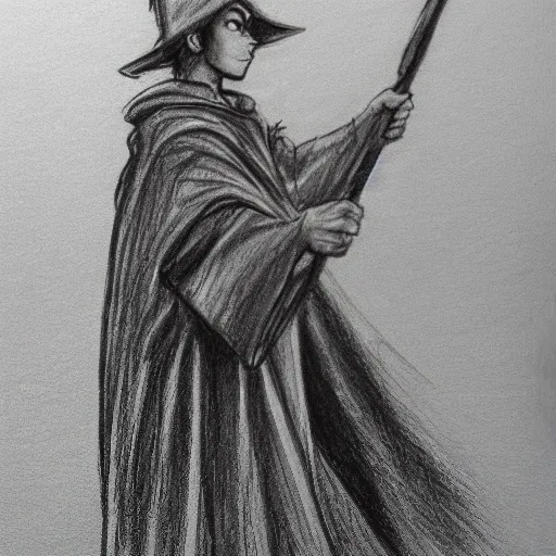 , Pencil Sketch, a teenager wizard in a wizard cape and hat, holding magic wand, extra detailed, fullsized