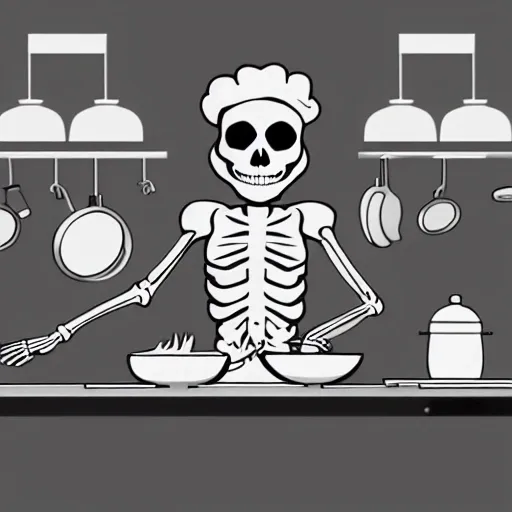 a front view of a skeleton chef cooking, lineart style
