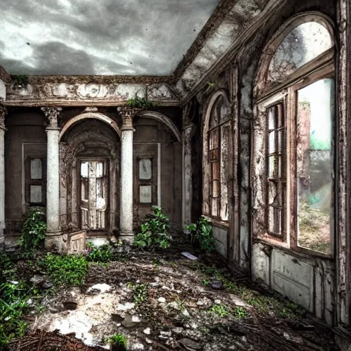 large abandoned mansion, ruin, mold, climbing plants. Realism, ultra realism, HDR, bleak and unhealthy environment., 3D, from distance