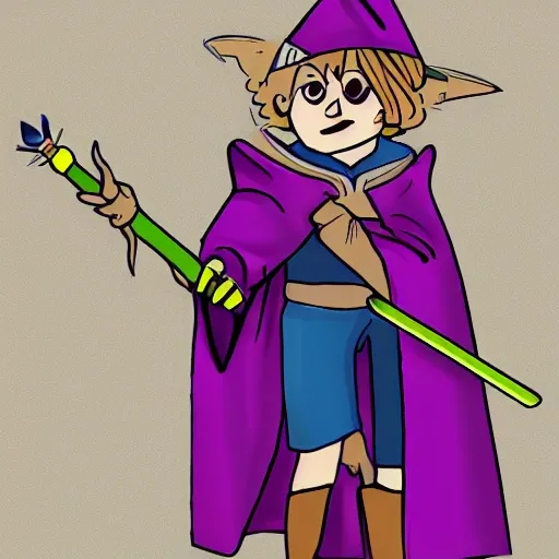a teenager wizard in a wizard cape and hat, holding magic wand, extra detailed, fullsized