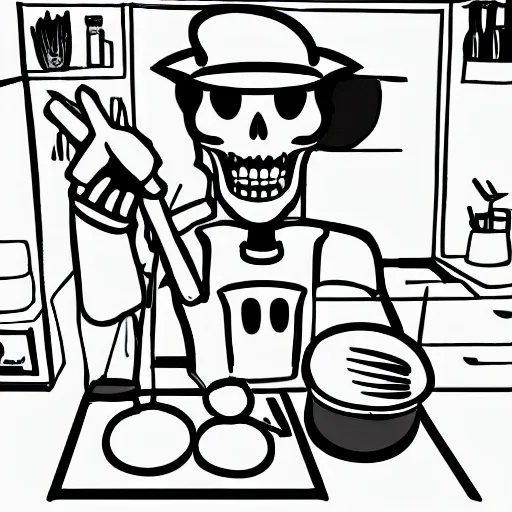 a front view of a realistic skeleton chef cooking, lineart style
