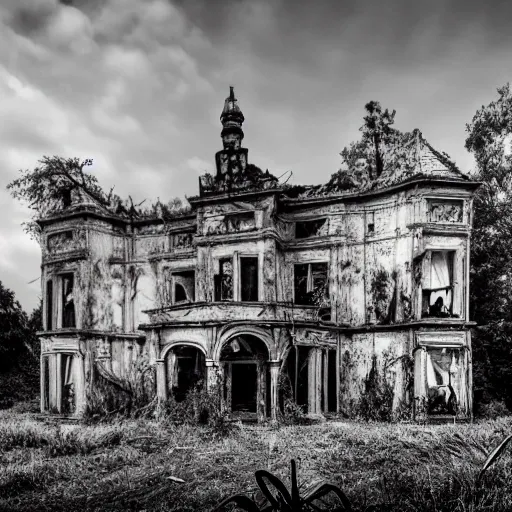 large abandoned mansion, ruin, mold, climbing plants. Realism, ultra realism, HDR, bleak and unhealthy environment., 3D, from distance, dark, night