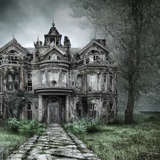 large abandoned mansion, ruin, mold, climbing plants. Realism, ultra realism, HDR, bleak and unhealthy environment., 3D, from distance, dark, night