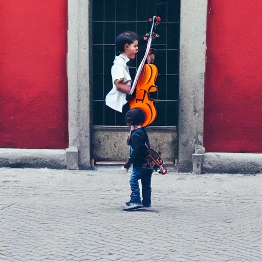 boy walking in a street with his violin and a guitar in one hand shouting I want peace