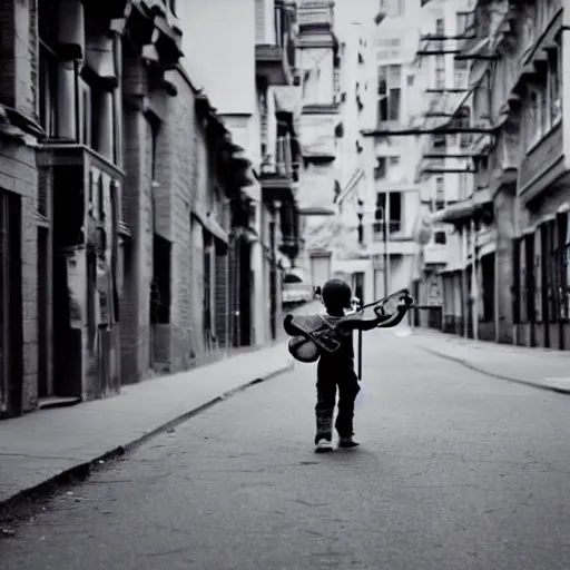 boy walking in a street with his violin and a guitar in one hand shouting I want peace, Trippy